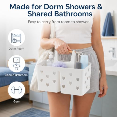 White Portable Shower Caddy, Plastic Basket Organizer with Wooden Handle - color: White