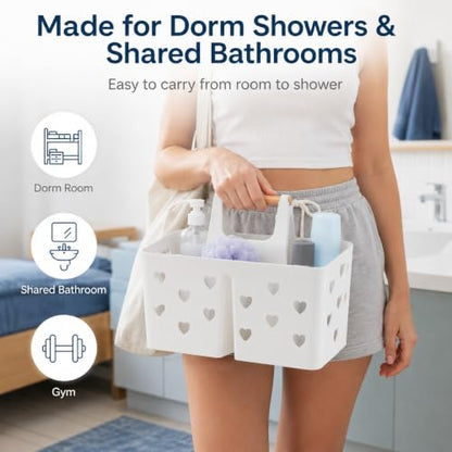 White Portable Shower Caddy, Plastic Basket Organizer with Wooden Handle - color: White