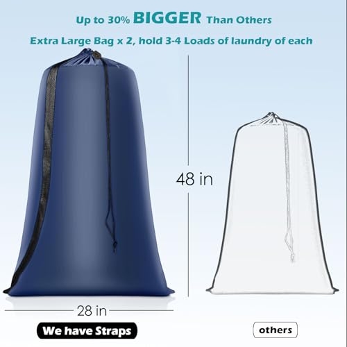 Coomee Heavy Duty Laundry Bag, 2 Pack XXL Nylon Laundry Bags with Straps - color: Navy, size: 48" x 28" x 1"