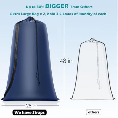 Coomee Heavy Duty Laundry Bag, 2 Pack XXL Nylon Laundry Bags with Straps - color: Navy, size: 48" x 28" x 1"