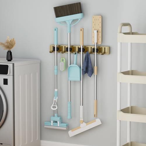 reliahom Broom Holder Wall Mount Mop Hanger Tools organizer 4Racks 5Hooks - color: Bronze