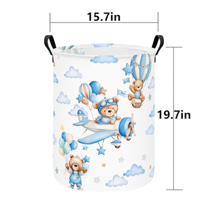 Foldable Waterproof Round Fabric Laundry Basket Home, Blue Pilot Bear - color: Round-Blue Pilot Bear