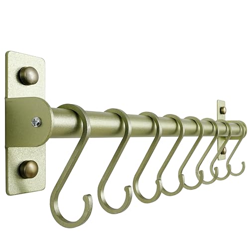 Dseap Kitchen Utensil Holder Hanger, Pot and Pan Rack Wall Mounted, Kitchen Rail with 8 Hooks for Hanging Cooking Utensils, Mugs, Spoons, Wall Mounted, Champagne Color - color: Champagne Color