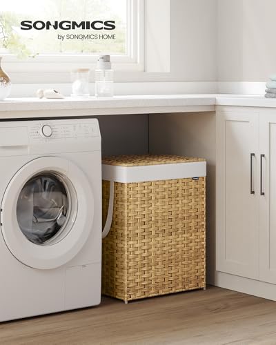 SONGMICS Laundry Hamper with Lid, 29 Gal (110 L) Synthetic Rattan,Foldable - color: Goose Yellow, size: 110 L