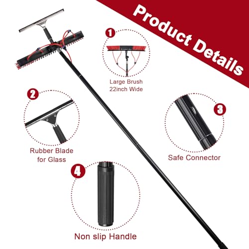26ft Long Reach Solar Panel Cleaning Kit - Aluminum Extendable Water Fed Pole, 22in Wide Brush & Squeegee, Bendable Dusting Brush - Outdoor Window Washing Equipment Tool - color: 26ft, size: Large