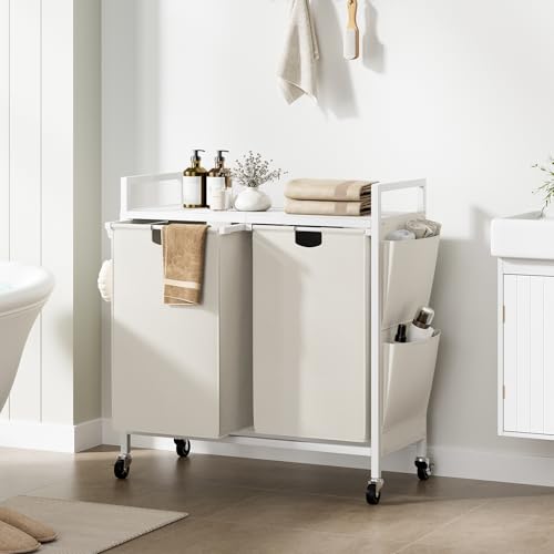 WOWLIVE Double Laundry Hamper with Wheels, Rolling Laundry Basket Organizer - color: White, size: 110l (30.0 x 13 x 32 Inches)