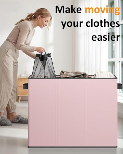 Optish 180L Laundry Hamper 3 Section, Large Hamper with Mesh Bags & Lid - color: Pink