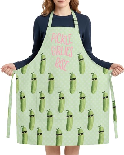 Women Apron, Cute Kitchen Aprons for Women, Girls - color: Light Green Humorous Pickle