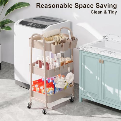 3 Tier Khaki Metal Utility Rolling Cart, Storage Cart with Lockable Wheels - color: Rustic Khaki, size: 3 tier