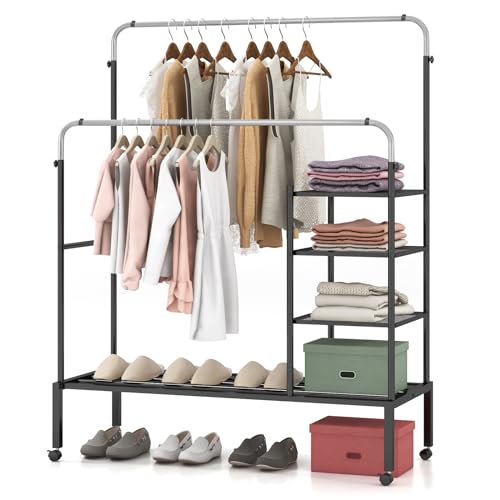 Tangkula Rolling Double Rods Garment Rack, Clothes Drying Rack with Height Adjustable Hanging Bars, Storage Shelves & Lockable Wheels, Heavy-duty Steel Clothing Rack for Indoor & Outdoor Use (Silver) - color: Silver