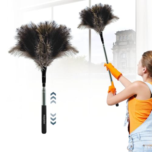 Extendable Feather Duster - 47 inches Soft Long Handle Reusable Feather Duster for Cleaning Ceiling Fan,Hanging lamp, High Ceiling, Blinds, Furniture，Ostrich Feather Duster