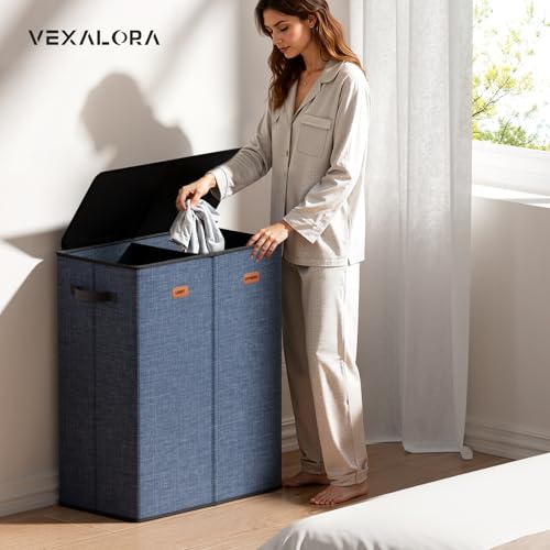 150L Double Laundry Hamper With Lid, Large Clothes Hampers with Removable Bag, Laundry Hamper 2 Section for Bathroom, Bedroom, Laundry Room, Dorm, Navy Blue - color: Navy Bule, size: 39.63 Gal - 2 Section