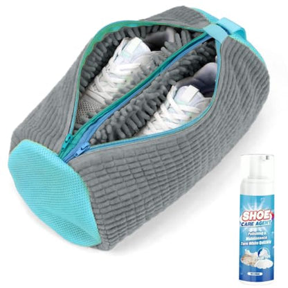 Shoe Washing Machine Bag for Sneakers, Double Compartment Shoes Laundry Bag with Chenille Microfiber, Durable Mesh Shoe Wash Bag for Washer & Dryer, Sneaker Cleaner for Running, Tennis & Kids Shoes - color: Grey