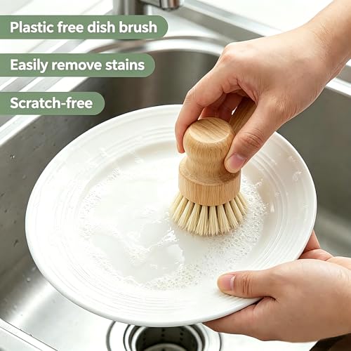 Bamboo Dish Brush Set with Palm and Sisal Bristles, 4 Pcs Natural Bamboo Dish Scrubber Brush for Kitchen Cleaning, Pots, Pans, Vegetables, Fruit