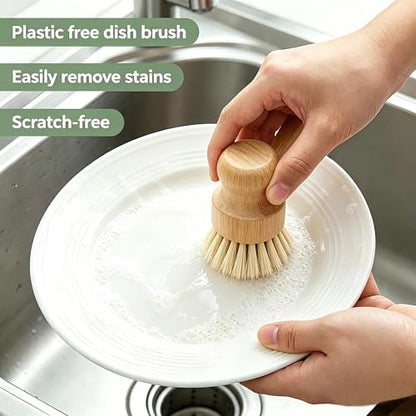 Bamboo Dish Brush Set with Palm and Sisal Bristles, 4 Pcs Natural Bamboo Dish Scrubber Brush for Kitchen Cleaning, Pots, Pans, Vegetables, Fruit