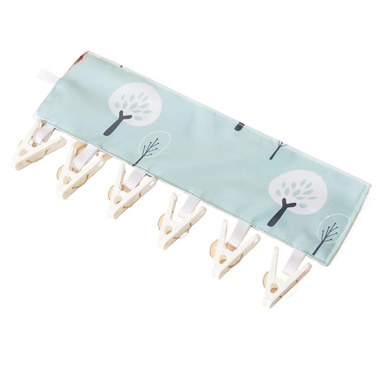 1pc Tree Print Foldable Travel Hanger Portable Fabric Space Saving Hanging Clothes Drying Rack with 6 Clips and Hook Loop Fastener - color: L-blue