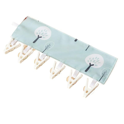 1pc Tree Print Foldable Travel Hanger Portable Fabric Space Saving Hanging Clothes Drying Rack with 6 Clips and Hook Loop Fastener - color: L-blue