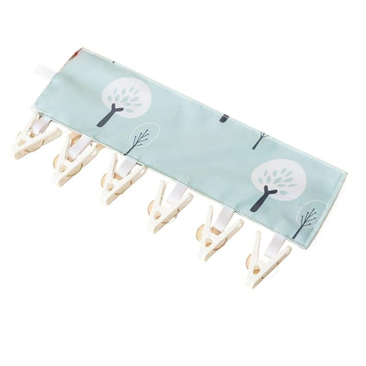 1pc Tree Print Foldable Travel Hanger Portable Fabric Space Saving Hanging Clothes Drying Rack with 6 Clips and Hook Loop Fastener - color: L-blue