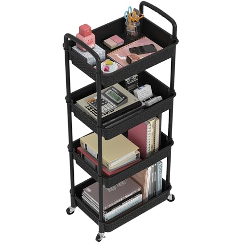 MOYIPIN 4-Tier Plastic Rolling Utility Cart with Handle, Black - color: Black, size: 4-Tiers without cups