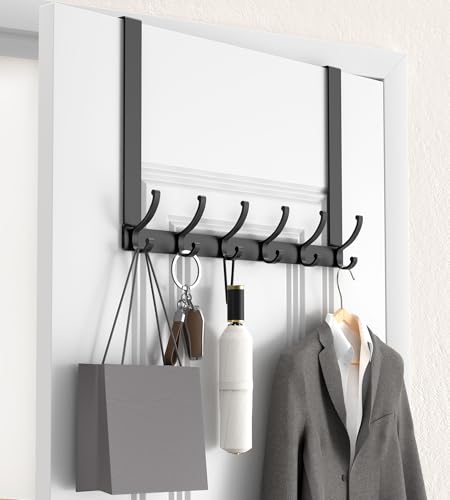 KitchLife Long Over The Door Hooks Hanger with 15.75 inches Extended Arms, Fits 1 3/4" Doors, F40U, 6 Double-Hanger Design Thickened Heavy Duty Bathroom Towel Rack Organization, Matte Black, 1 Pack - color: Matte Black, size: Fits 1 3/4" Doors with 15.75"