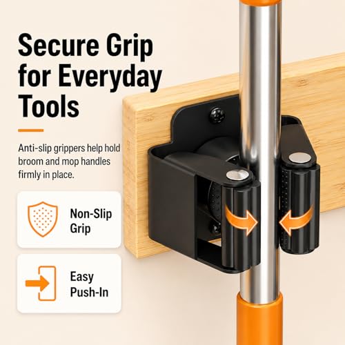 Small Broom Holder Wall Mount with Shelf, 3 Grippers and 3 Hooks - size: Small