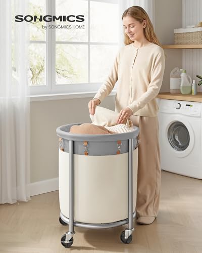 SONGMICS Laundry Basket with Wheels, 29 Gal., Steel Frame, Removable Bag - color: Dove Gray + Cream White, size: 110 L (1-Section)