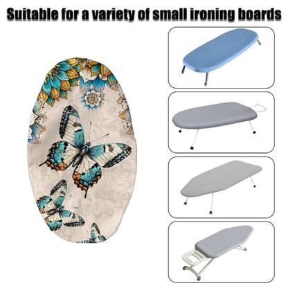 Mandala Flower Butterfly Printed Ironing Board Cover with Elastic Edge, Apartment RVs Anti Slip Iron Board Cover Scorch Resistant, Mini Table Top Ironing Cover Easy Replacement - color: Beige - Mandala Flower Butterfly