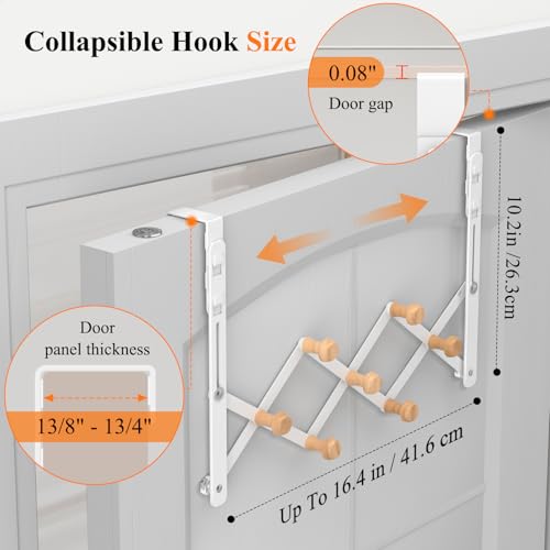 FYY Over The Door Hooks - Door Hanger Towel Rack Organizer, Collapsible No Drill Holder, Heavy Duty Easy to Install, Pads and Wooden Knobs, No-Scratch for Bathroom Clothes Coat Travel, Fit 1-3/4"