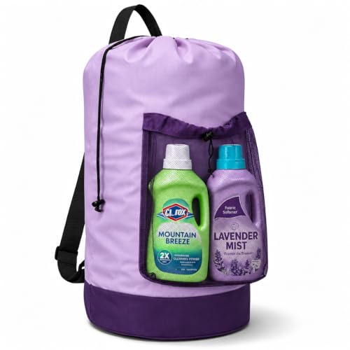 Backpack Laundry Bag, Durable polyster Laundry Backpack Bag with Shoulder Straps, Drawstring Closure & Mesh Pocket, Large Clothes Hamper for Dorm, Travel, Laundromat (Purple) - color: Purple