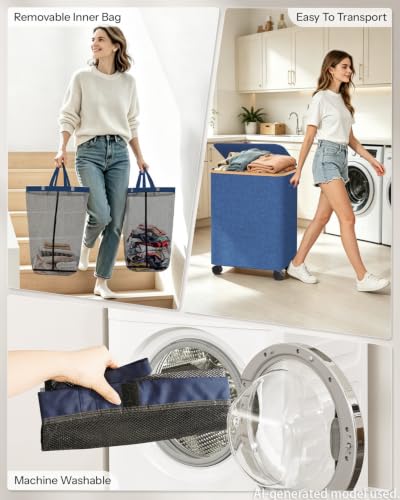 Double Laundry Basket with Wheels and Lid, 150L Clothes Hampers for Laundry - color: Blue, size: 150L