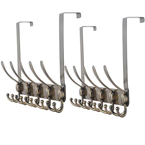 Dseap Over The Door Hook Hanger - Fits 1 3/8" to 1 3/4" Standard Doors | 5 Tri Hooks Heavy Duty Towel/Coat Rack | Door Organizer for Clothes, Jackets, Hats, Towels, Bronze, Pack of 2 - color: Bronze