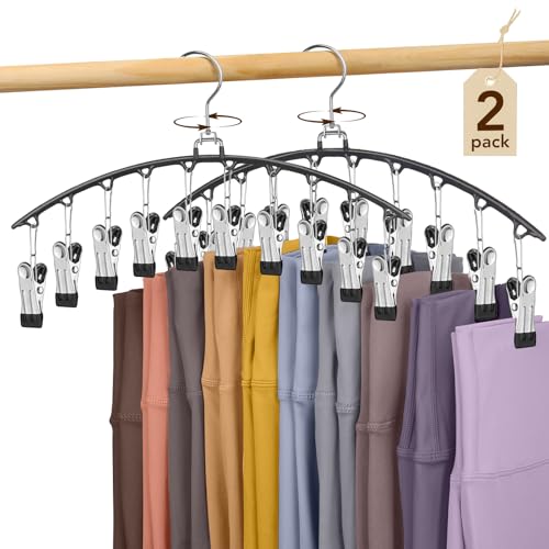 Legging Organizer for Closet 360° Swivel, Metal Yoga Pants Hanger 2 Pack w/10 Clips Holds 20 Leggings, Space Saving Hanger Closet Organizers and Storage, Pants Hangers for Pants, Skirts, Hats (Black)