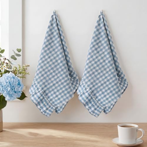 HunnmingRe 2 Pcs Dusty Blue Gingham Kitchen Towels Cotton Ruffle Dish Towel - color: Dusty Blue, style: Gingham