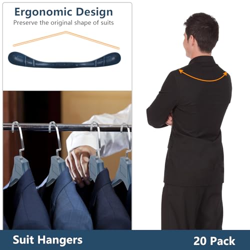 DEDU Suit Hangers for Men 20 Pack, Sweater Hangers No Shoulder Bump Non Slip Width 17.7", Plastic Clothes Hangers Blue with Metal Hook - color: Blue-20
