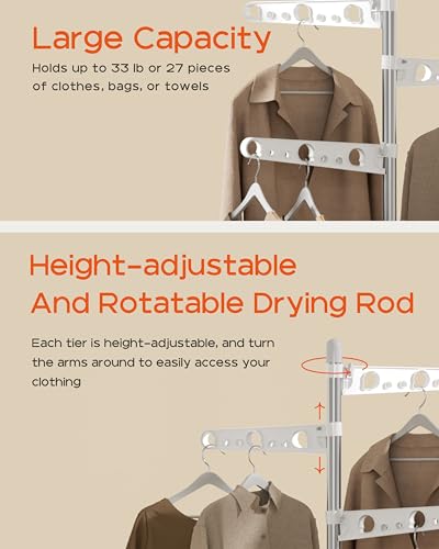 CASAMAYA Clothes Drying Rack Foldable, 70.9 inch Tripod Drying Rack for 35 Pieces of Clothes, with Height-Adjustable Rotatable Clothes Rails, Space Saving, Stainless Steel, White and Silver CDR005W01 - color: White + Silver, size: 5-Tier Standard