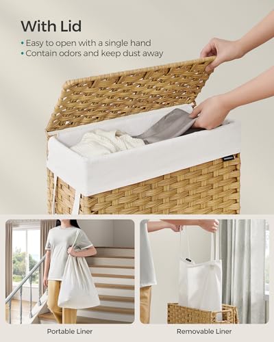 SONGMICS Laundry Hamper with Lid, 14.5 Gal (55 L) Synthetic Rattan,Foldable - color: Goose Yellow, size: 55 L