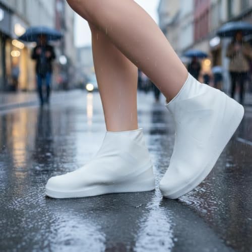 Waterproof Shoe Covers 2 Pairs Non-Slip, Thickened Latex Rain Boots for Men Women - Slip-Resistant Outdoor Foot Protectors (White, M) - color: White, size: M