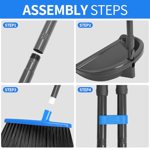 REEWII 2Pcs Broom and Dustpan Set ，Long Handle Broom with Upright Standing Dust pan for Indoor Outdoor Home Kitchen Office Floor Cleaning