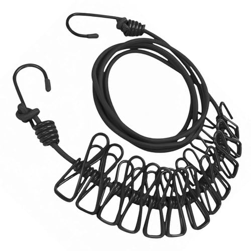 Portable Clothesline with 12 Clips, Stretch Travel Drying Rope with Stainless Steel Hooks for Camping Indoor Use.(Black) - color: Black