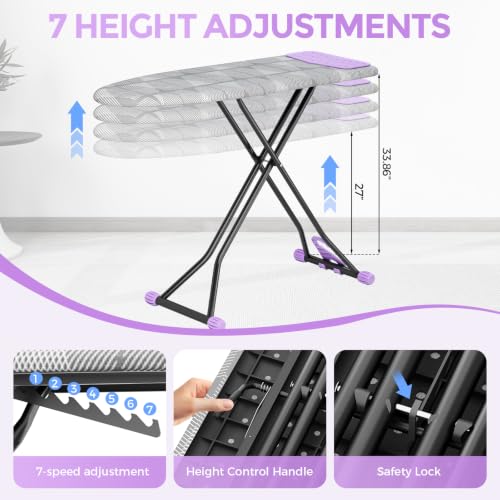 APEXCHASER Foldable 7-Level Heigh Adjustable Ironing Board with Iron Rest - color: Grey and Purple
