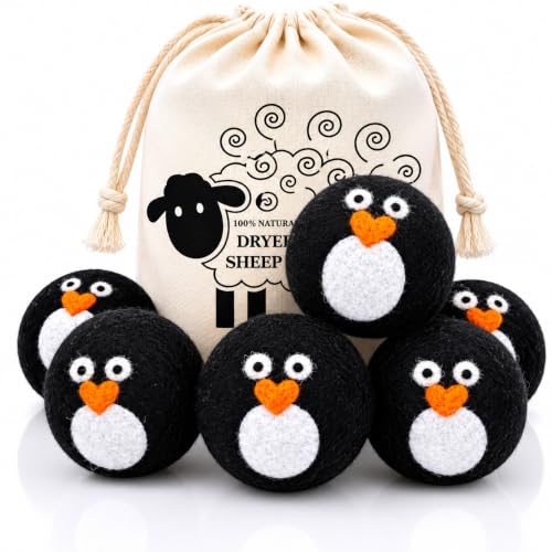 6 Pack Wool Dryer Balls, Penguin Fabric Softener Laundry Balls
