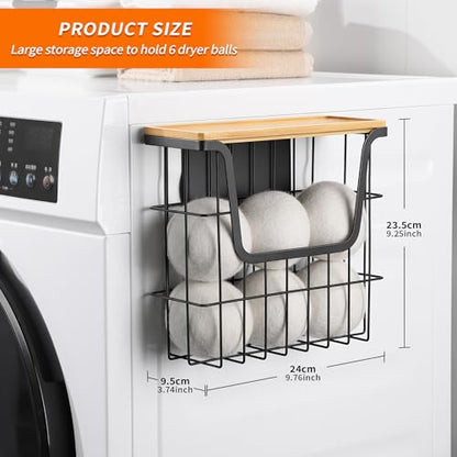 Magnetic Dryer Ball Holder - Black Basket for Laundry Room Organization and Storage with Bamboo Top - Magnetic Lint Bin Suitable for Washer and Dryer / Fridge / Whiteboard (No Balls)