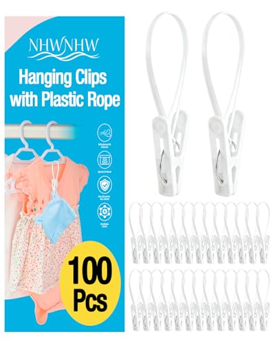 100 Pack Multi Purpose Laundry Hanging Clips with Rope, White - Strong Grip Hanging Clips for Baby Hangers, Pants, Socks, Towels & Closet Organization, Multi-Purpose Laundry Drying Hooks - color: White