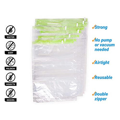The Chestnut 8 Travel Space Saver Bags - No Vacuum or Pump - for Clothes - Reusable - Luggage Compression - Set of 4 L and 4 M Sacks - Transparent
