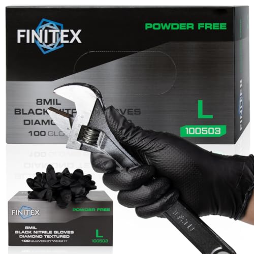 FINITEX Disposable Nitrile Diamond Texture Black 8mil Mechanic Gloves - color: Black (Large 100)