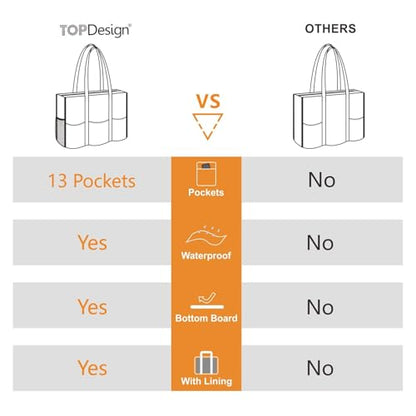 TOPDesign Utility Water Resistant Tote Bag with 13 Pockets, Zipper Closure - color: Purple, size: Medium
