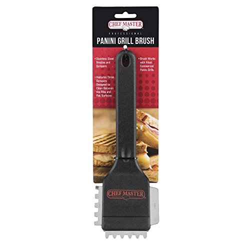 Chef Master Stainless Steel Panini Grill Brush with Scraper with Black Handle - 10"L x 3 1/2"H