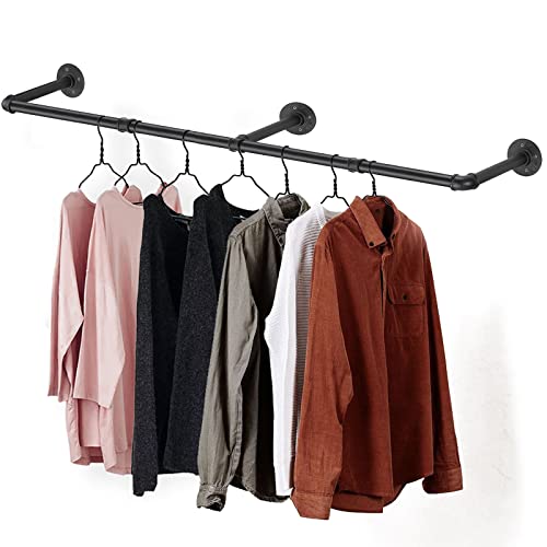 Clothes Hanger Pole Wall Mount, 72" Heavy Duty Detachable Black Iron Garment Bar Hanging Rod Holder, Clothes Rail Shelf Wardrobe Organizer for Laundry Room & Closet Storage, 3 Base - size: Black 72" x1 pcs(3Base)