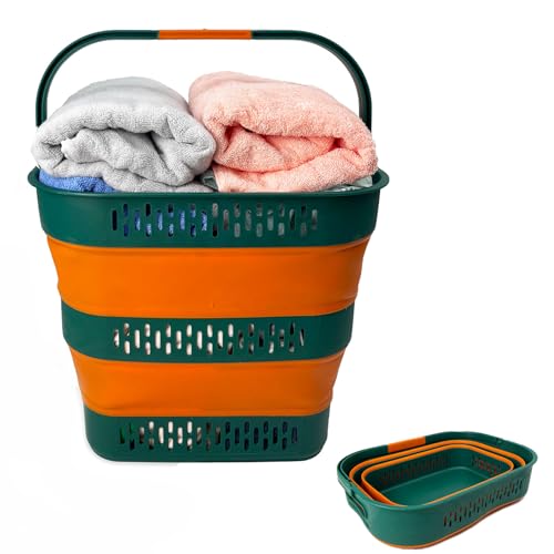 SAMMART 38L(10 Gal) Collapsible Laundry Basket - Foldable Pop-Up Storage Container/Organizer-Portable Space Saving Hamper, Measure 17.5x13.3x15.7/3.8" Expanded/Collapsed (1, Teal Green/Autumn Leaf) - color: Teal Green/Autumn Leaf