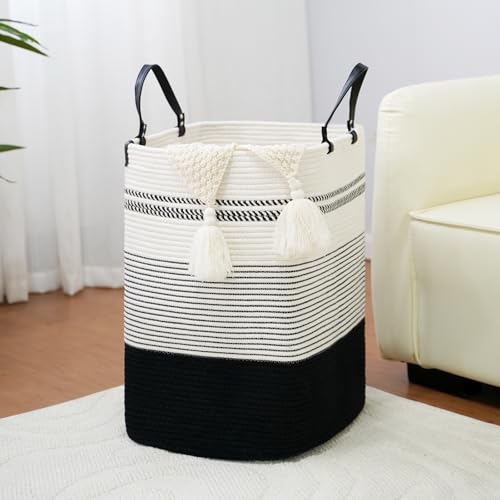 danpinera 75L Woven Laundry Hamper with Long Leather Handles, Baby Laundry Basket for Nursery, Tall Hampers for Bedroom Aesthetic, Decorative Clothes Storage Basket for Family White & Black - color: White & Black, size: 75L Square